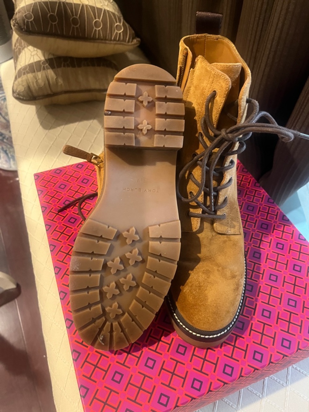 Tory Burch Chestnut Suede Lace-Up Platform Boots - Picture 4 of 4